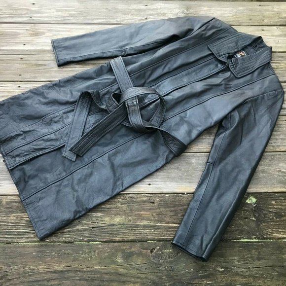 Women Jacket Genuine Leather Jacket Long Winter Coat Black W/ Belt Size M Read